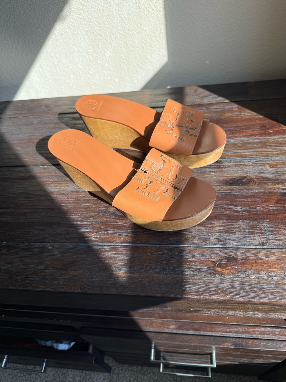 Tory Burch Cognac Leather Logo Wedge Sandals